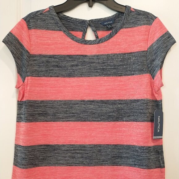 Nautica Womens Red Black Striped T-Shirt Size XS Top Keyhole Back Button Tee New - Picture 4 of 13